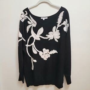 Chico's Sweater Womens XL Black White Floral Knit Popover Embellished NWOT
